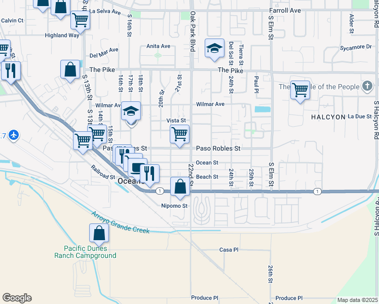 map of restaurants, bars, coffee shops, grocery stores, and more near 1700 22nd Street in Oceano
