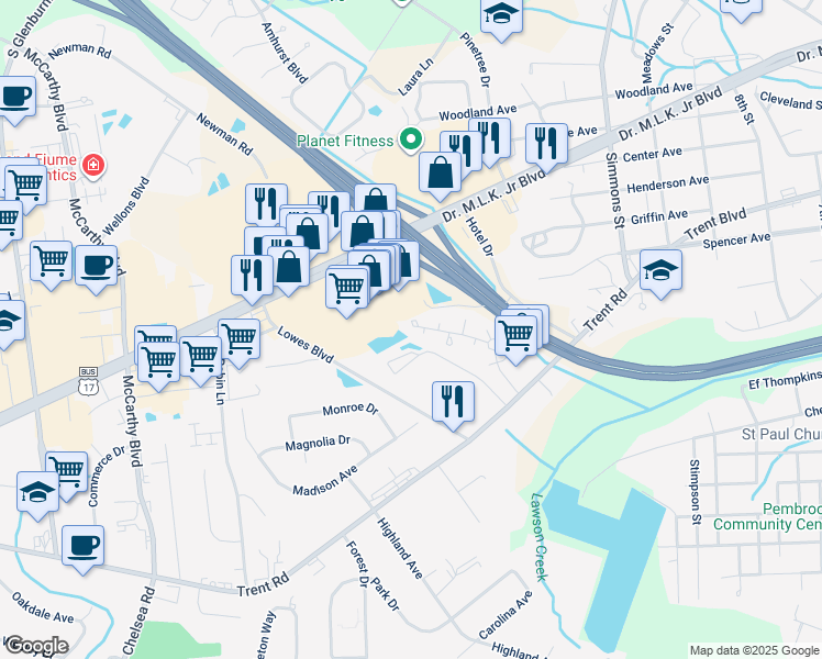 map of restaurants, bars, coffee shops, grocery stores, and more near 4003 Gaston Court in New Bern