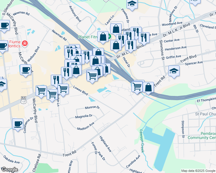 map of restaurants, bars, coffee shops, grocery stores, and more near 4003 Gaston Court in New Bern