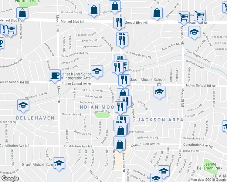map of restaurants, bars, coffee shops, grocery stores, and more near 1818 Glorieta Street Northeast in Albuquerque