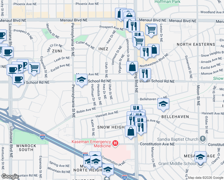 map of restaurants, bars, coffee shops, grocery stores, and more near 1721 Vermont Street Northeast in Albuquerque