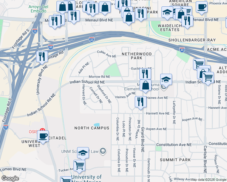 map of restaurants, bars, coffee shops, grocery stores, and more near 1513 Vista Larga Court Northeast in Albuquerque