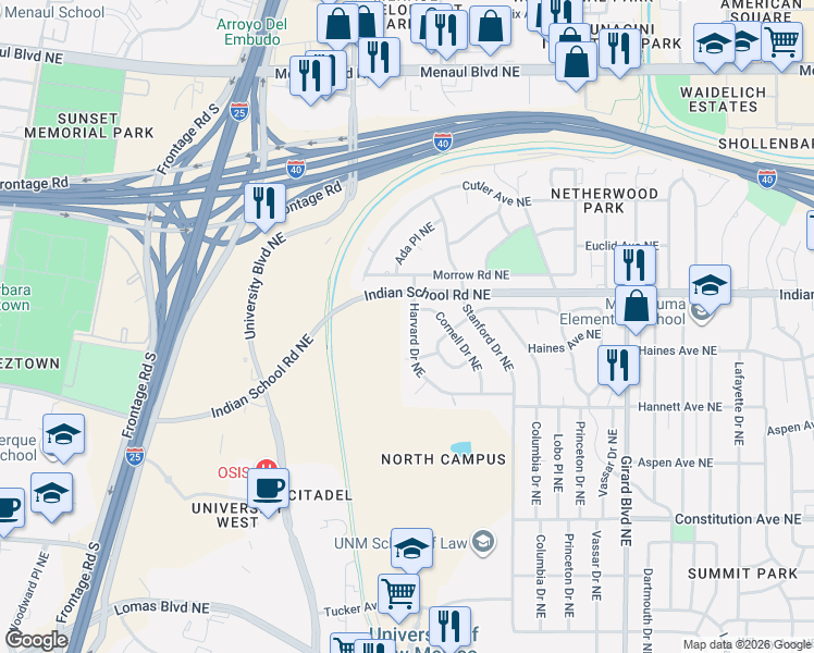 map of restaurants, bars, coffee shops, grocery stores, and more near 1631 Harvard Drive Northeast in Albuquerque