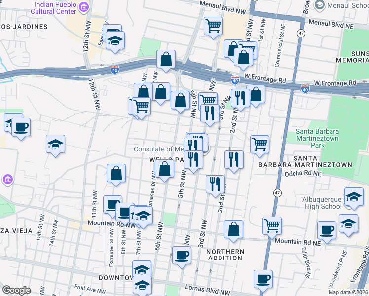 map of restaurants, bars, coffee shops, grocery stores, and more near 1701 5th Street Northwest in Albuquerque