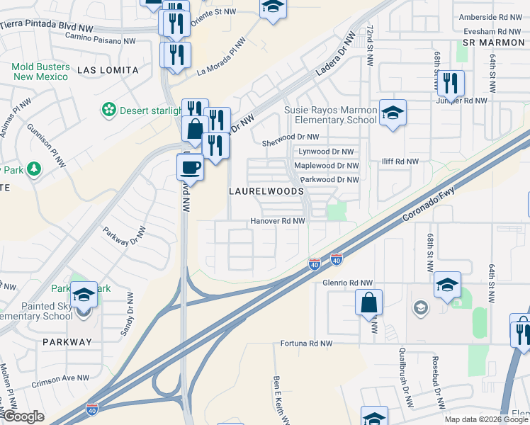 map of restaurants, bars, coffee shops, grocery stores, and more near 7716 Sandlewood Drive Northwest in Albuquerque