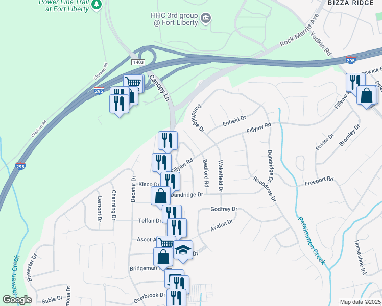 map of restaurants, bars, coffee shops, grocery stores, and more near 845 Applewood Lane in Fayetteville