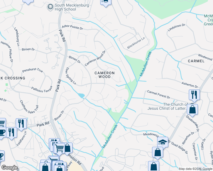 map of restaurants, bars, coffee shops, grocery stores, and more near 9835 Deer Spring Lane in Charlotte