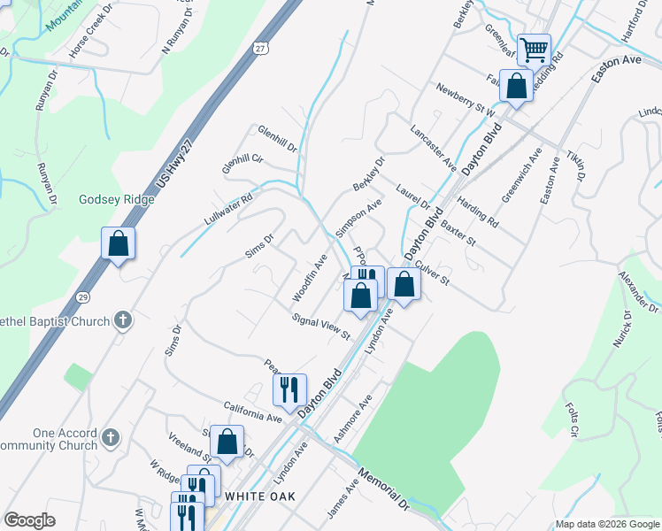 map of restaurants, bars, coffee shops, grocery stores, and more near 221 Martin Road in Chattanooga