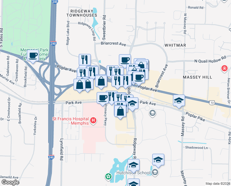 map of restaurants, bars, coffee shops, grocery stores, and more near 6075 Poplar Avenue in Memphis