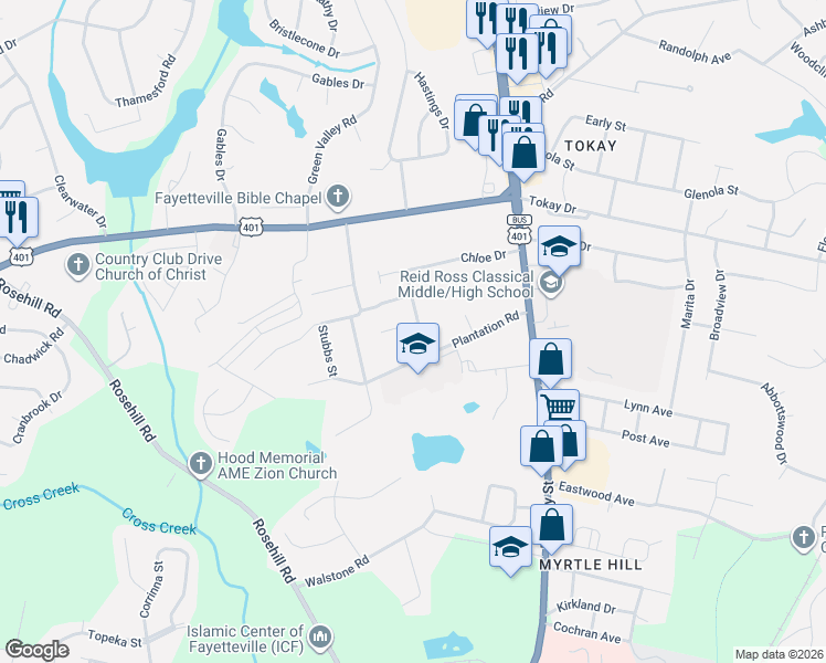 map of restaurants, bars, coffee shops, grocery stores, and more near 3122 Bancroft Avenue in Fayetteville