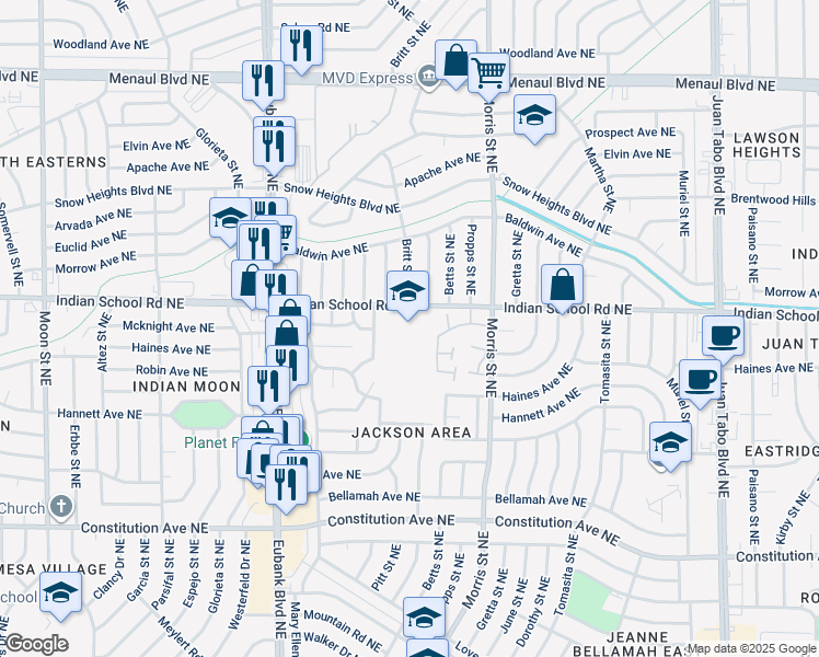 map of restaurants, bars, coffee shops, grocery stores, and more near 10600 Indian School Road Northeast in Albuquerque