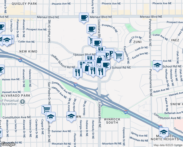 map of restaurants, bars, coffee shops, grocery stores, and more near 145 Winrock Loop Northeast in Albuquerque