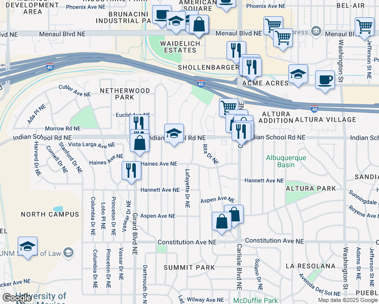 map of restaurants, bars, coffee shops, grocery stores, and more near 1616 Lafayette Drive Northeast in Albuquerque
