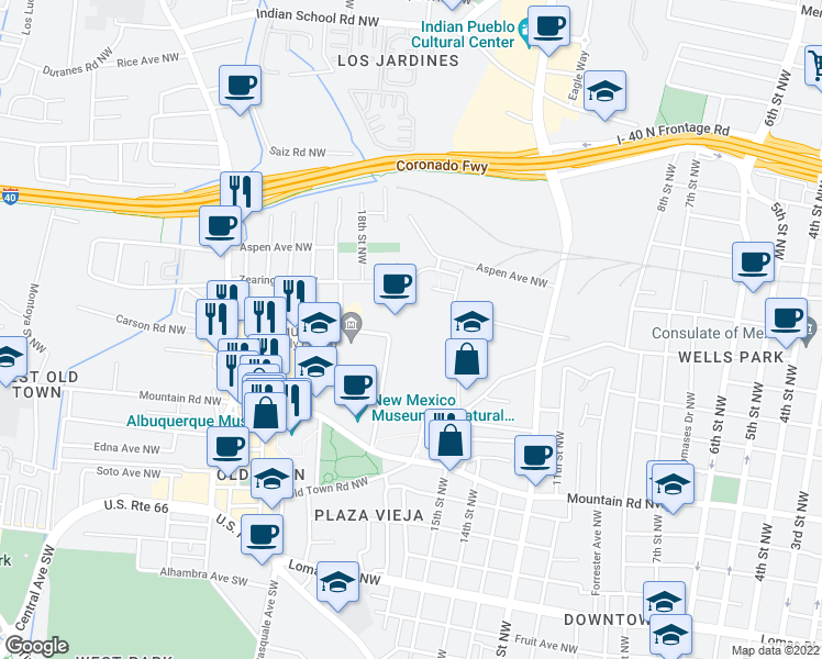 map of restaurants, bars, coffee shops, grocery stores, and more near 1751 Bellamah Avenue Northwest in Albuquerque