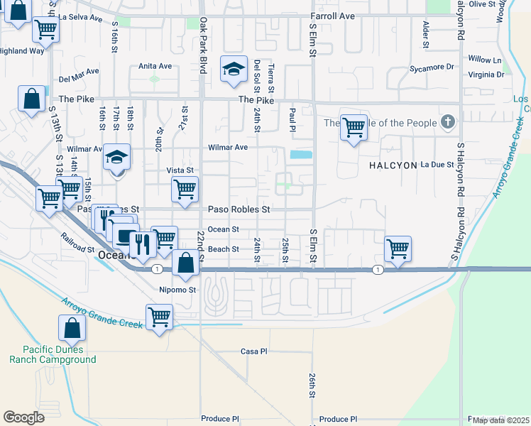 map of restaurants, bars, coffee shops, grocery stores, and more near 2428 Paso Robles Street in Oceano
