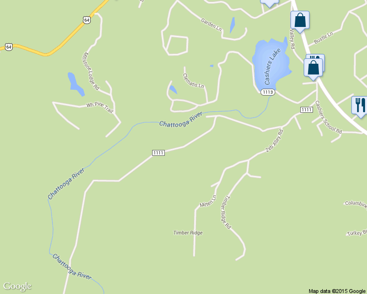 map of restaurants, bars, coffee shops, grocery stores, and more near State Road 1111 in Cashiers