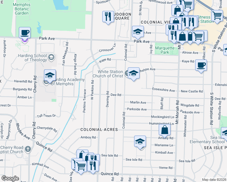 map of restaurants, bars, coffee shops, grocery stores, and more near 1104 Marcia Road in Memphis