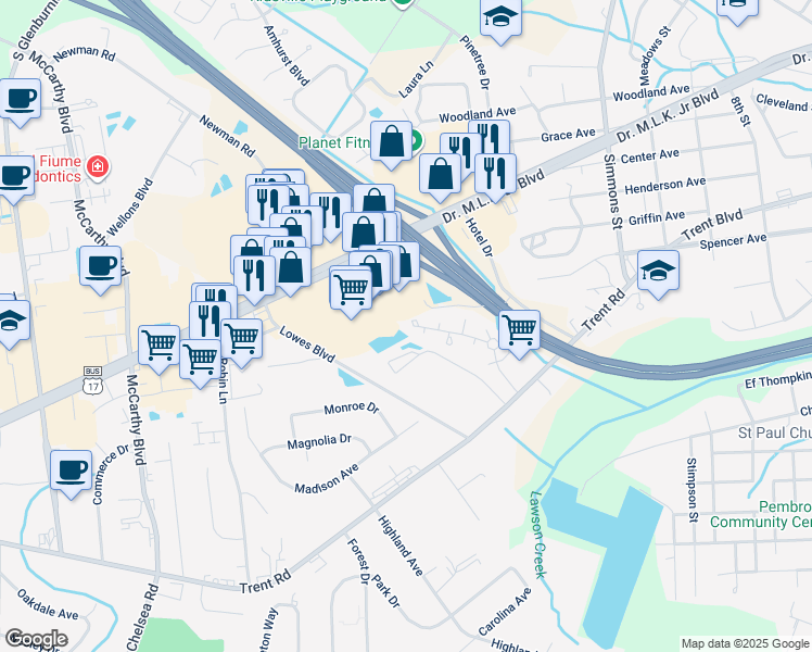map of restaurants, bars, coffee shops, grocery stores, and more near 4005 Gaston Court in New Bern
