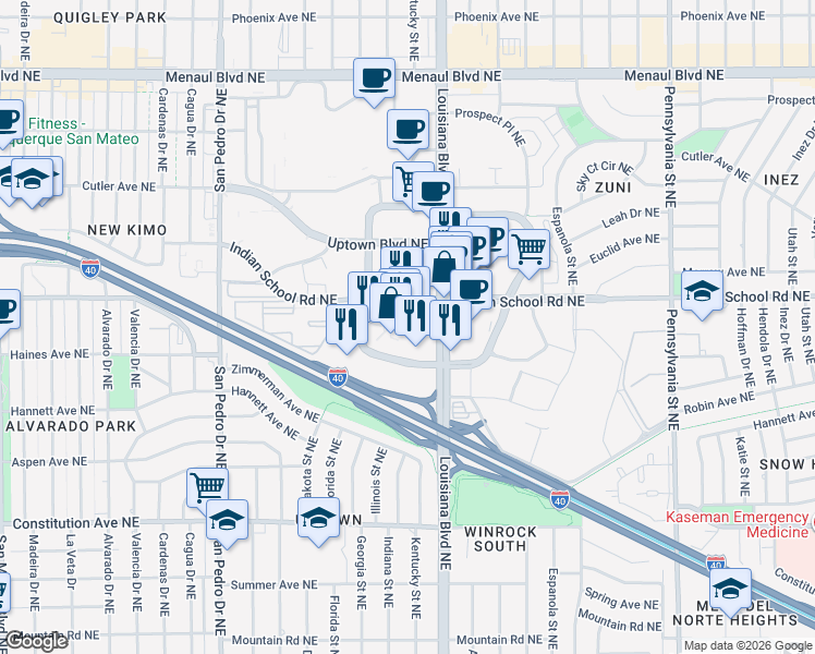 map of restaurants, bars, coffee shops, grocery stores, and more near in Albuquerque
