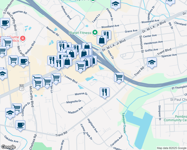 map of restaurants, bars, coffee shops, grocery stores, and more near 4005 Gaston Court in New Bern