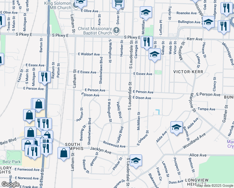 map of restaurants, bars, coffee shops, grocery stores, and more near 1670 South Wellington Street in Memphis