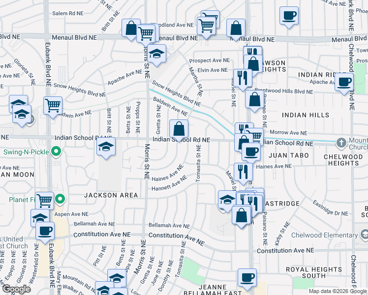 map of restaurants, bars, coffee shops, grocery stores, and more near 1729 Martha Street Northeast in Albuquerque