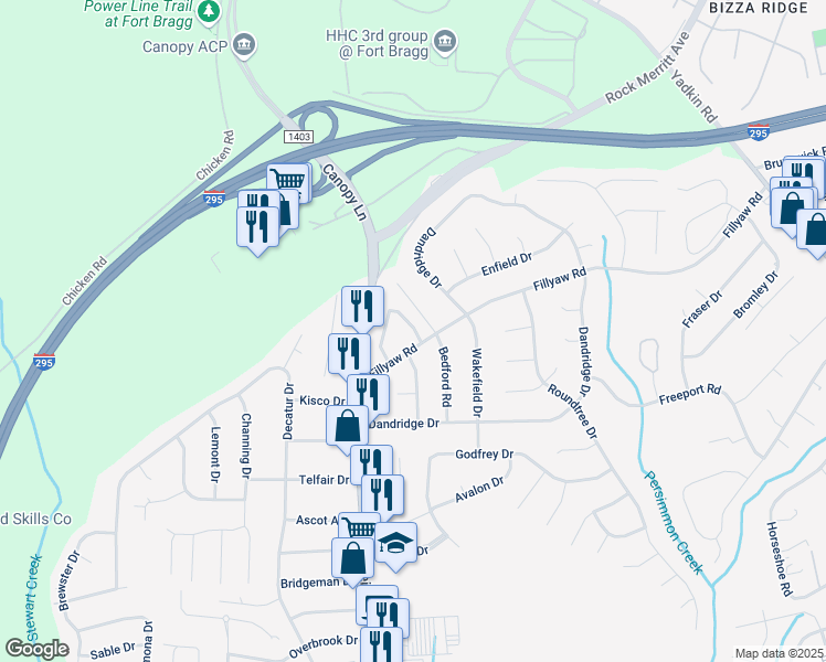 map of restaurants, bars, coffee shops, grocery stores, and more near 845 Applewood Lane in Fayetteville