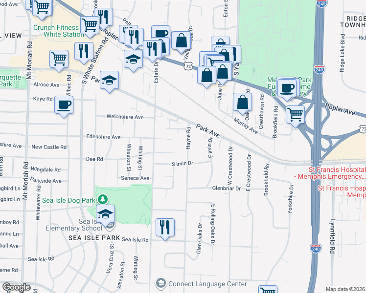 map of restaurants, bars, coffee shops, grocery stores, and more near 1105 Hayne Road in Memphis