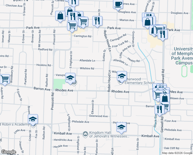 map of restaurants, bars, coffee shops, grocery stores, and more near in Memphis