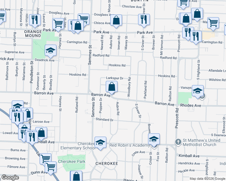 map of restaurants, bars, coffee shops, grocery stores, and more near 1106 Inman Road in Memphis
