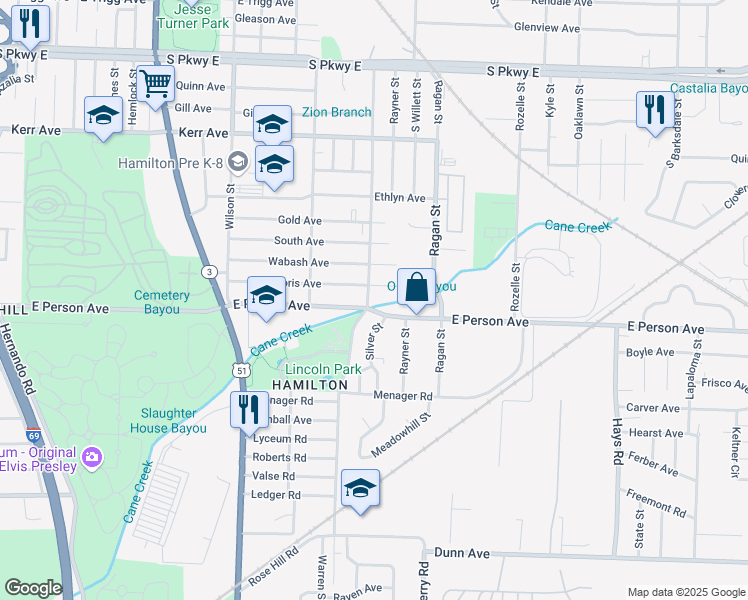 map of restaurants, bars, coffee shops, grocery stores, and more near 1518 Doris Avenue in Memphis