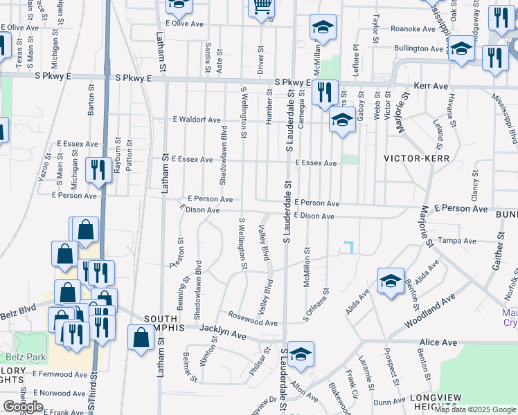 map of restaurants, bars, coffee shops, grocery stores, and more near 1670 South Wellington Street in Memphis