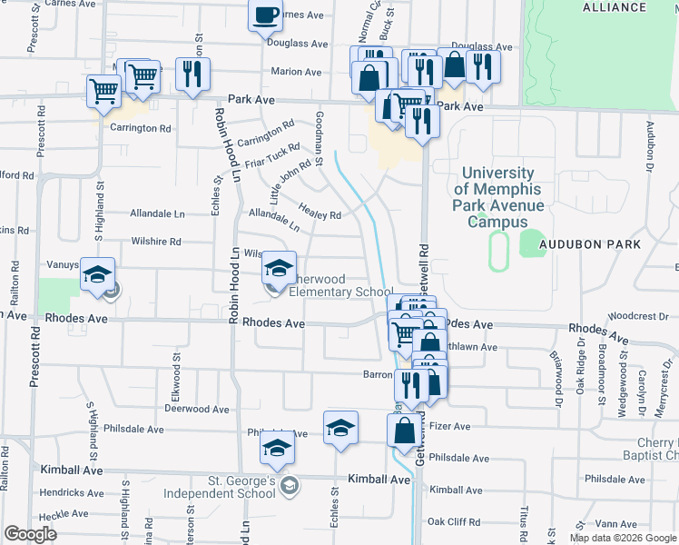 map of restaurants, bars, coffee shops, grocery stores, and more near 3815 Wilshire Road in Memphis