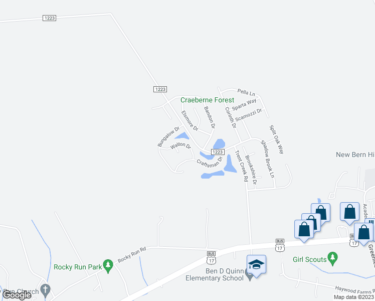 map of restaurants, bars, coffee shops, grocery stores, and more near 214 Walton Drive in New Bern