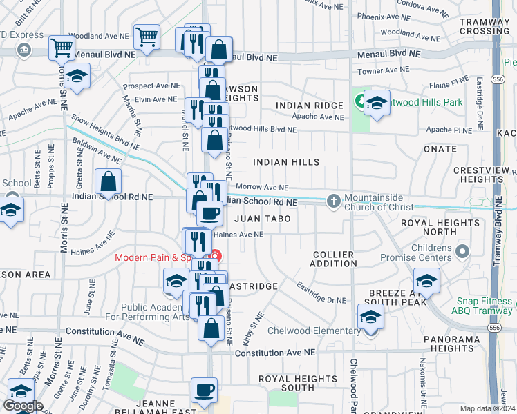 map of restaurants, bars, coffee shops, grocery stores, and more near 12024 Indian School Road Northeast in Albuquerque