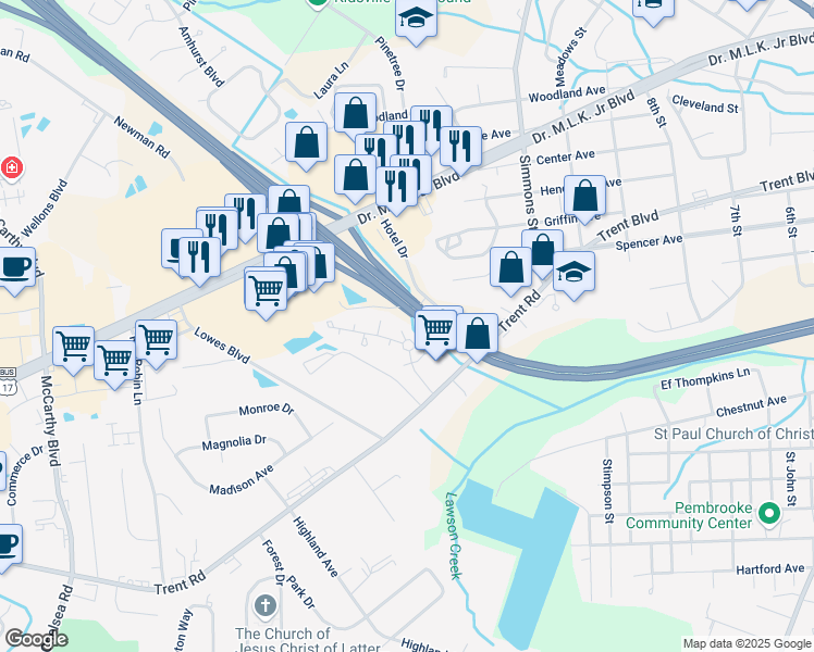 map of restaurants, bars, coffee shops, grocery stores, and more near 2902 Union Court in New Bern