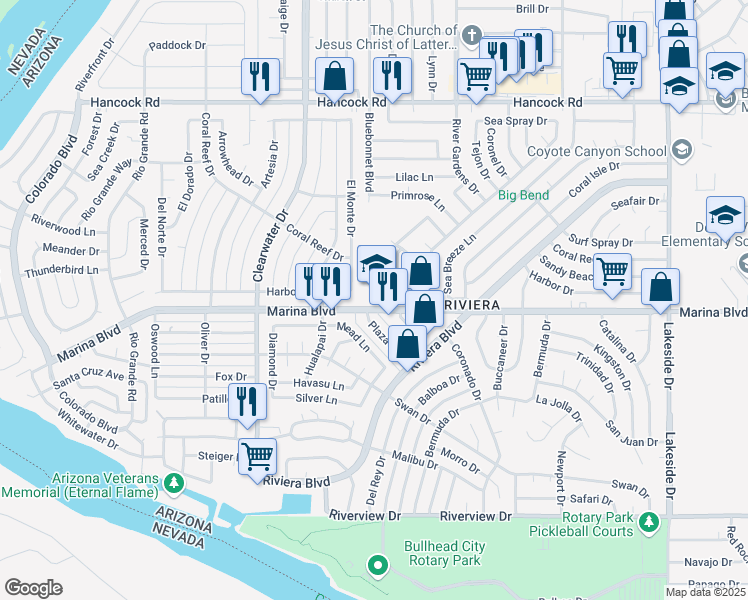 map of restaurants, bars, coffee shops, grocery stores, and more near 625 Marina Boulevard in Bullhead City