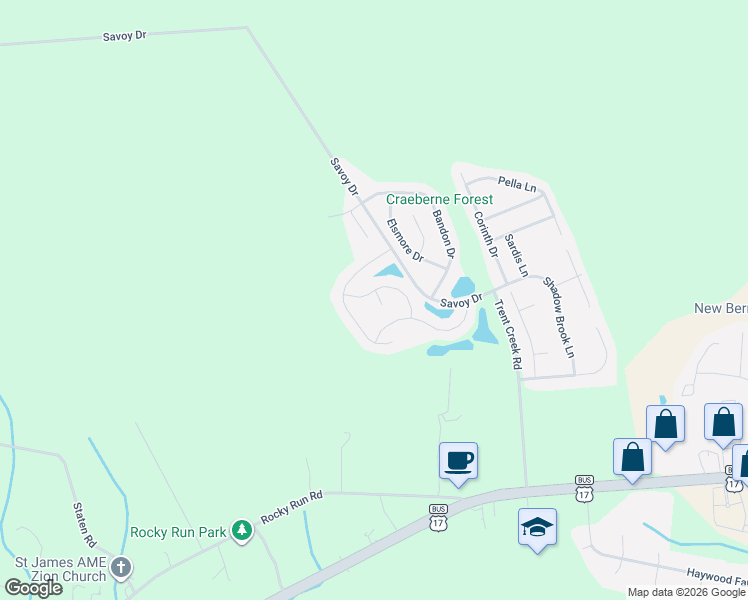 map of restaurants, bars, coffee shops, grocery stores, and more near 304 Bungalow Drive in New Bern