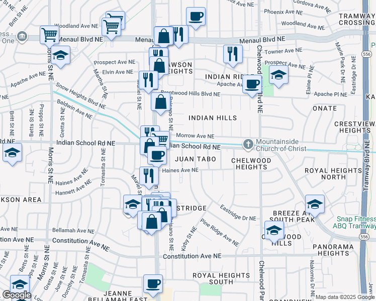 map of restaurants, bars, coffee shops, grocery stores, and more near 12008 Indian School Road Northeast in Albuquerque