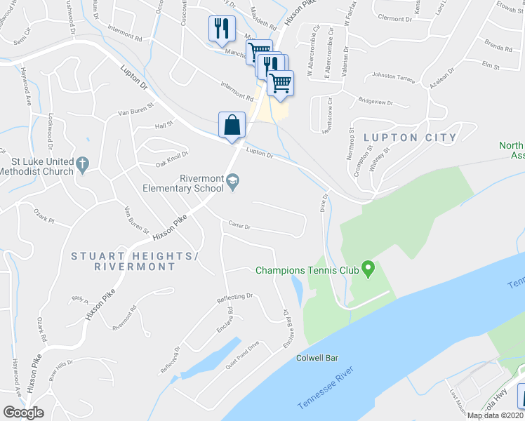 map of restaurants, bars, coffee shops, grocery stores, and more near 1143 Carter Drive in Chattanooga