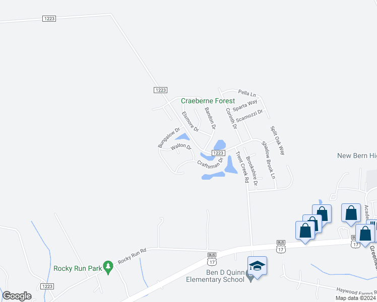 map of restaurants, bars, coffee shops, grocery stores, and more near 212 Walton Drive in New Bern