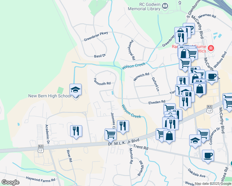 map of restaurants, bars, coffee shops, grocery stores, and more near 3908 Yarmouth Rd in New Bern