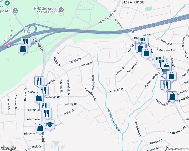 map of restaurants, bars, coffee shops, grocery stores, and more near 716 Dandridge Drive in Fayetteville