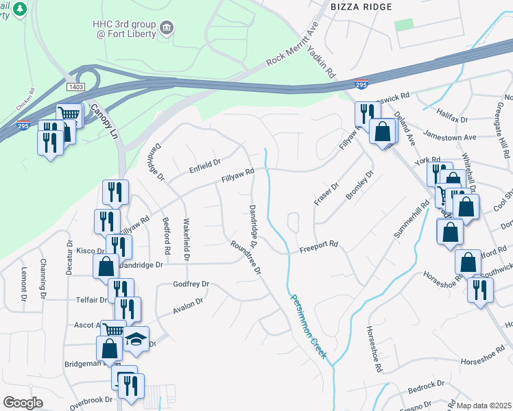 map of restaurants, bars, coffee shops, grocery stores, and more near 716 Dandridge Drive in Fayetteville