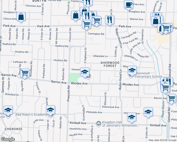 map of restaurants, bars, coffee shops, grocery stores, and more near 3500 Vanuys Road in Memphis