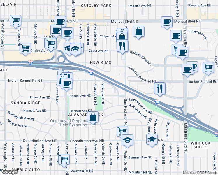 map of restaurants, bars, coffee shops, grocery stores, and more near in Albuquerque