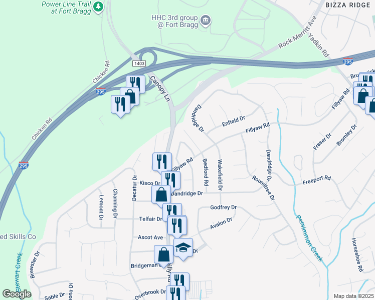 map of restaurants, bars, coffee shops, grocery stores, and more near 845 Applewood Lane in Fayetteville