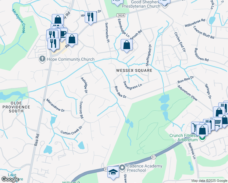 map of restaurants, bars, coffee shops, grocery stores, and more near 3903 Bon-Rea Drive in Charlotte