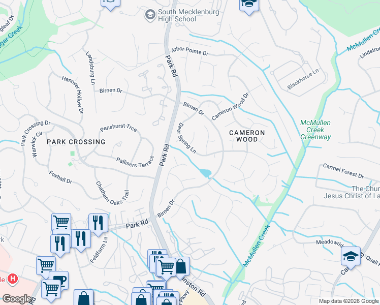 map of restaurants, bars, coffee shops, grocery stores, and more near 2900 Polo Ridge Court in Charlotte
