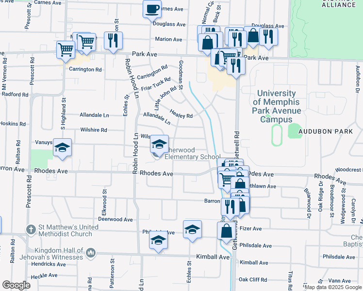 map of restaurants, bars, coffee shops, grocery stores, and more near 3815 Wilshire Road in Memphis